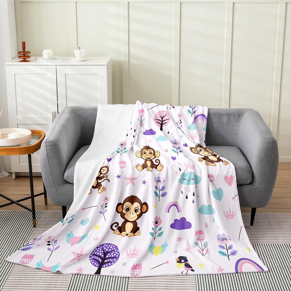 Erosebridal Floral Monkey Throw Blanket 30x40 inch,Cartoon Monkey Fleece Blanket for Kids Boys Girls,Purple Wildlife Flannel Blanket,Rainbow Flower Stars Clouds Bed Blanket for Baby,Pets,Leg Cover
