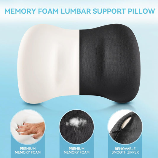 Lumbar Support Pillow for Car Seat and Office Chair, Memory Foam Back Cushion with Breathable Cover and Adjustable Straps for Driving, Ergonomic Orthopedic Back Rest Lower Back Support, Black