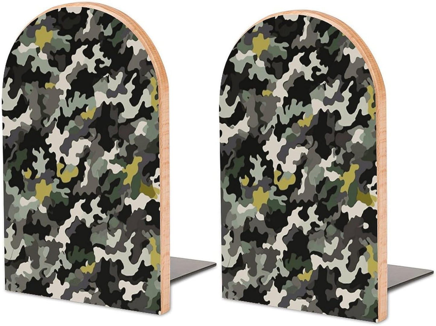 Abstract Camouflage Bookend for Shelves Wooden Book End Large Size Sturdy Book Holders Stoppers with Metal Base for Bookshelves Slick Decorative Bookends Stands