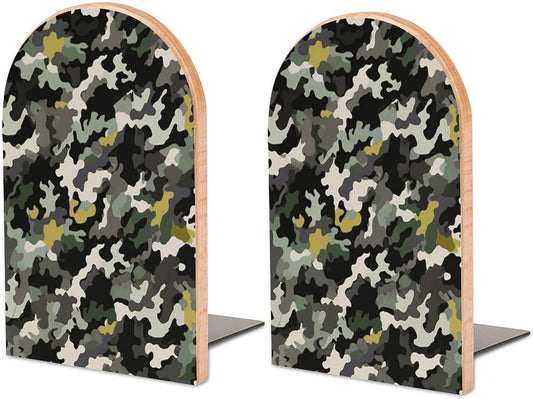 Abstract Camouflage Bookend for Shelves Wooden Book End Large Size Sturdy Book Holders Stoppers with Metal Base for Bookshelves Slick Decorative Bookends Stands