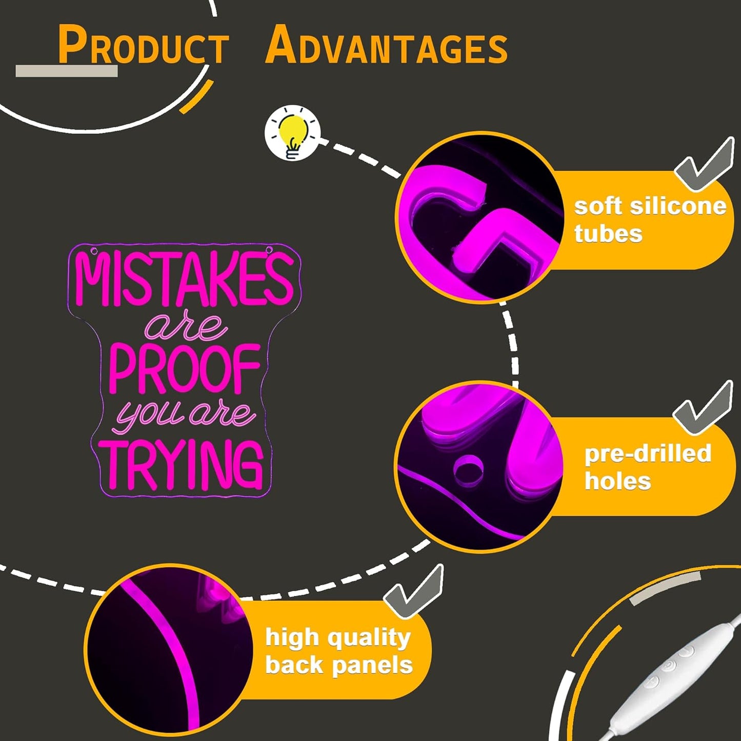 Allball Mistakes Are Proof You Are Trying Neon Sign, Motivational Neon Sign USB Powered LED Dimmable, for Classroom Office Children Room Bedroom Living Room Sign, Graduation Gift(11.8 * 11 In)