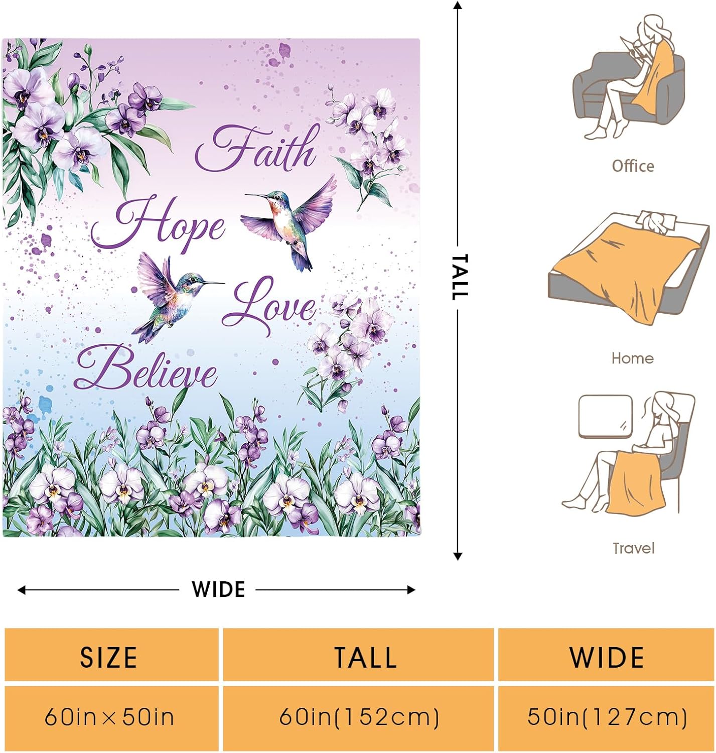 Hummingbird Floral Bird Blanket Purple Flowers Gifts for Women Kids Girls Mom Wife Female Friends Birthday Spring Room Decor Colorful Soft Plush Throw Blankets 50"x60"