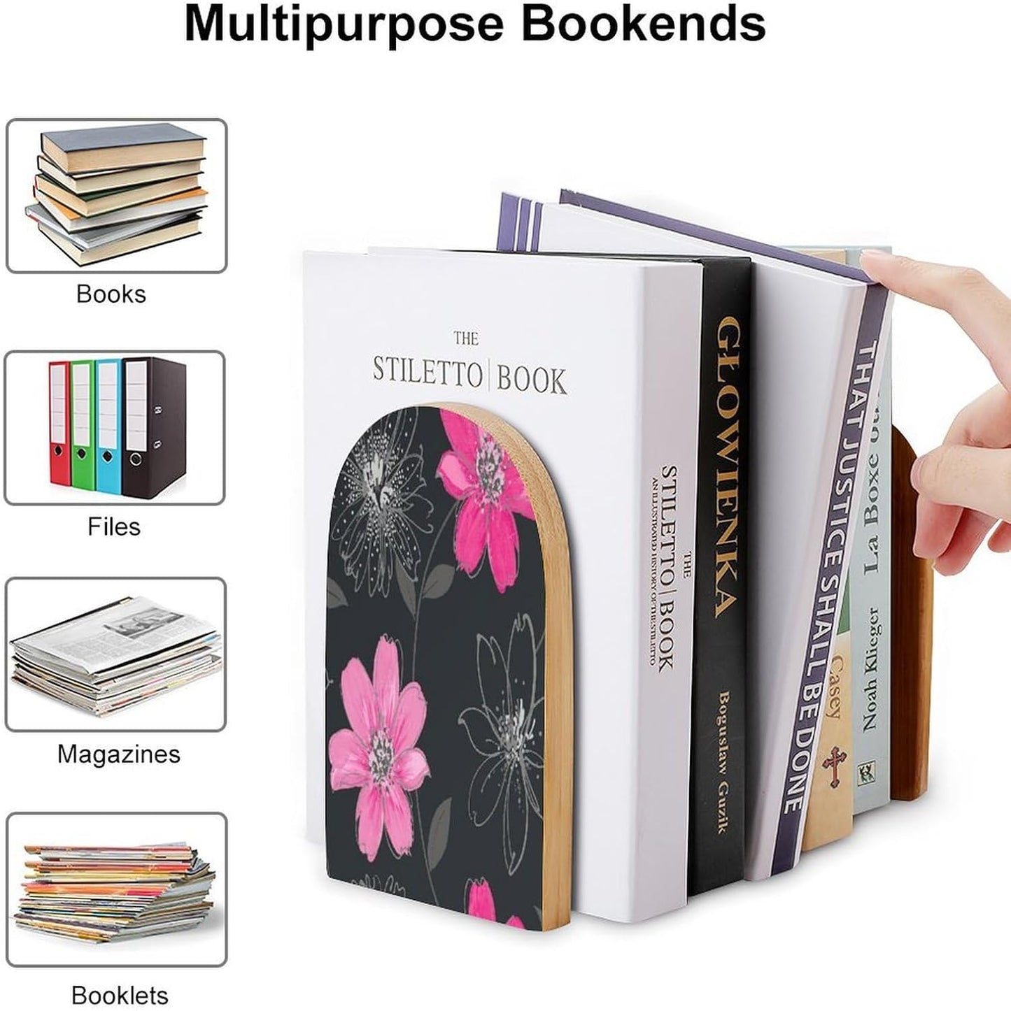 Pink and Black Flower Wooden Bookend Non-Slip Book Ends Heavy Duty Book Stopper with Metal Base Books Holderd Decorative Bookends Stands Firmly for Office Supplies