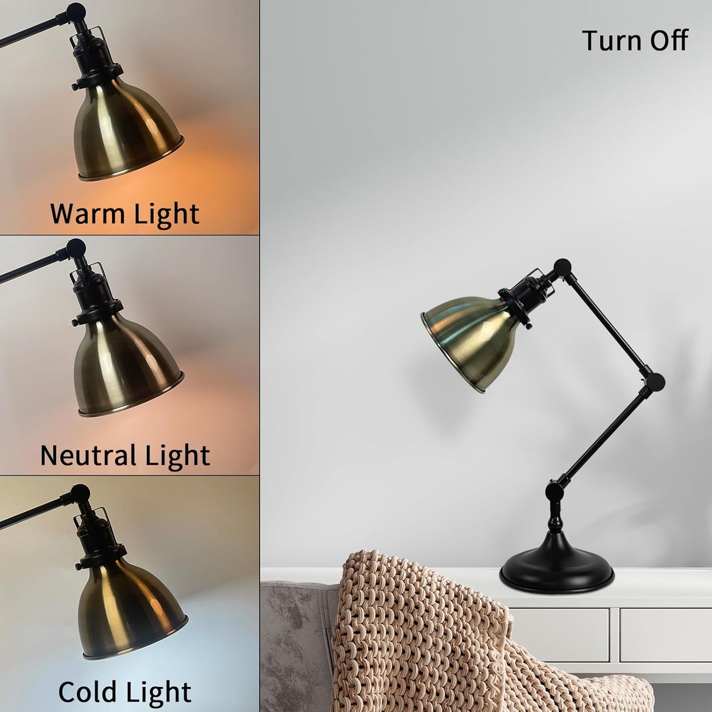 Desk Lamp for Home Office, Desk Light with Adjustable Multi-Joint Metal Swing Arms Table Lamp, Industrial Table Light for for Home Office, Work, Study, Reading, E26 Base (Antique Brass)