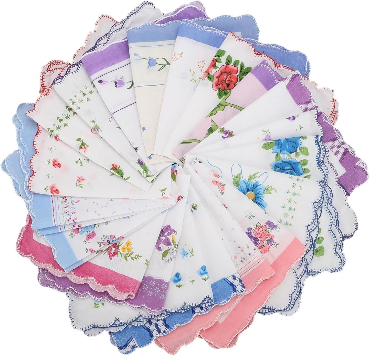 EEEKit Women Cotton Handkerchiefs, 20PCS Vintage Floral Print Handkies with Wavy Edge for Wedding Party Gifts, 11X11 in