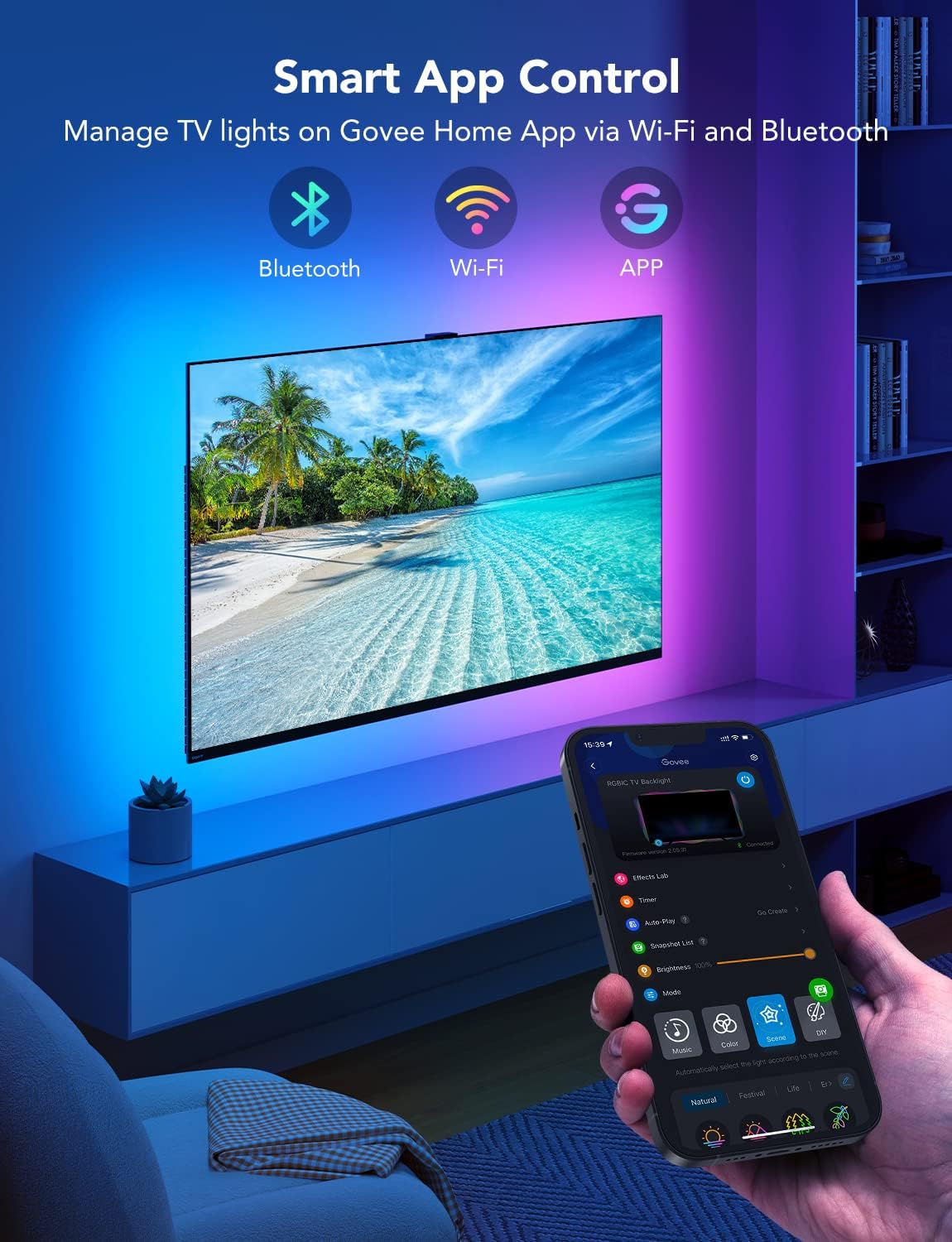 Govee TV LED Backlight,RGBIC Smart LED Strip Lights for 70-80 inch TVs, Bluetooth and Wi-Fi Control, Works with Alexa & Google Assistant, Music Sync, 99+ Scene Modes, Adapter