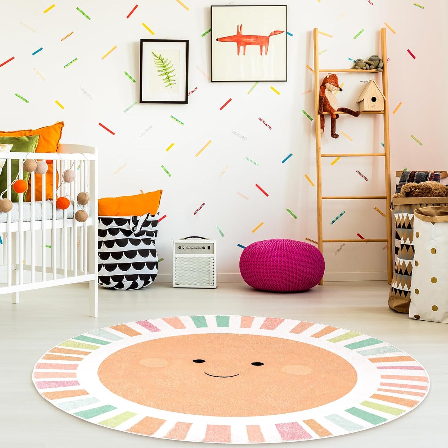 Boho Sun Round Rug 4 Ft Cute Colorful Sunshine Circle Area Rug Washable Non-Slip Throw Soft Carpet for Home Kindergarten Reading Nook Playroom Living Room Dining Room Decor