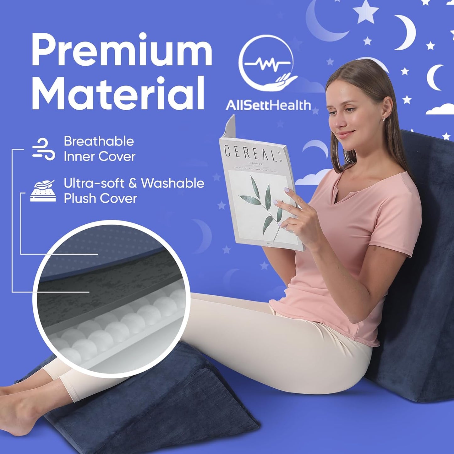 AllSett Health Bed Wedge Pillow – 2 Separate Memory Foam Incline Cushions, System for Legs, Knees and Back Support Pillow