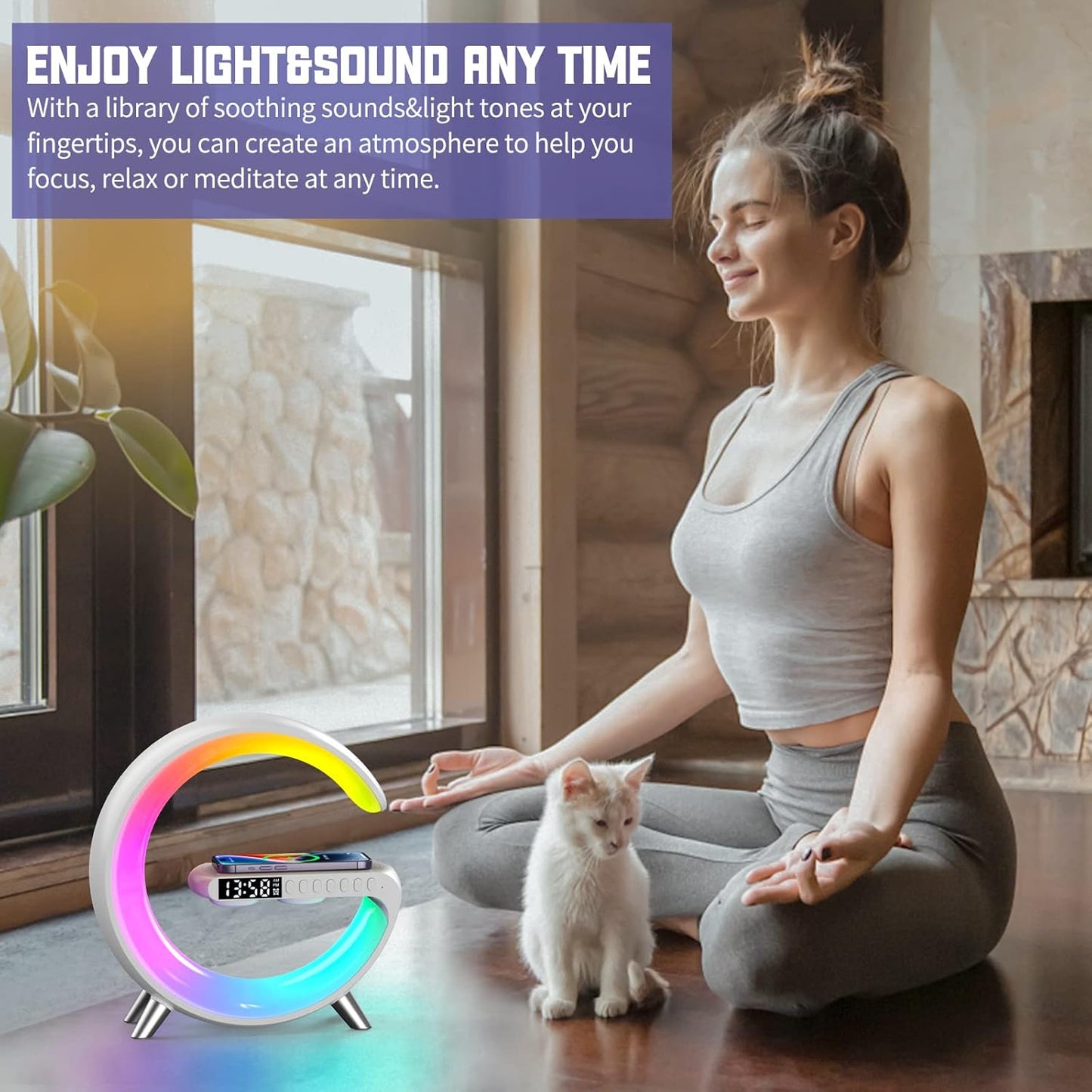 Smart LED Table Lamp, 4-in-1 Wireless Charger, Music Rhythm Ambient Night Light, Alarm Clock, and Bluetooth Speaker with App Control, G-Shaped Lamp for Bedroom, Office and Home Decor (White)