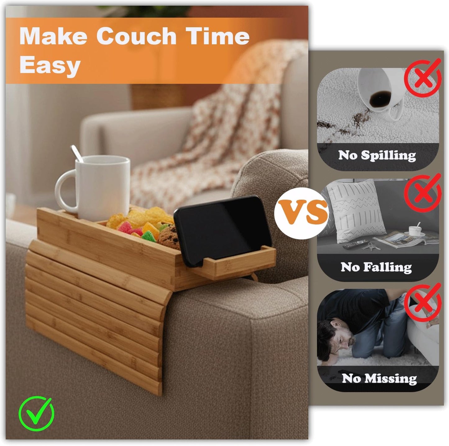 Bamboo Couch Armrest Table, 2-in-1 Foldable, Anti-Slip Sofa Arm Tray Includes a Detachable Cup Holder, Making it Ideal for Holding Remote Controls, Phones, Cups, and Snacks