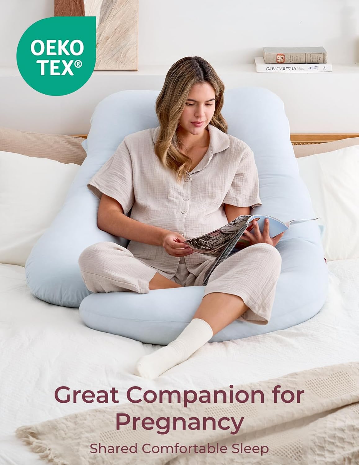 Momcozy Pregnancy Pillows for Sleeping, U Shaped Full Body Pillow for Pregnancy Women with Removable Jersey Cotton Cover, 57 Inch Maternity Pillow, Light Blue