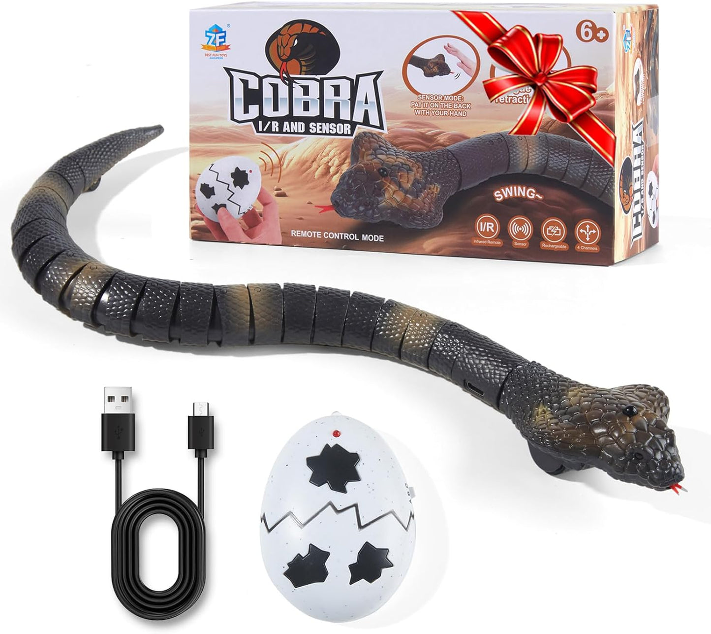 Remote Control Snakes Realistic Rc Snake Prank Cobra Rechargeable Smart Sensing Cat Toy with Infrared Controller Reptile Toys, Cool Gag Gifts or Christmas Birthday Gift for Boys Girls Ages 6+