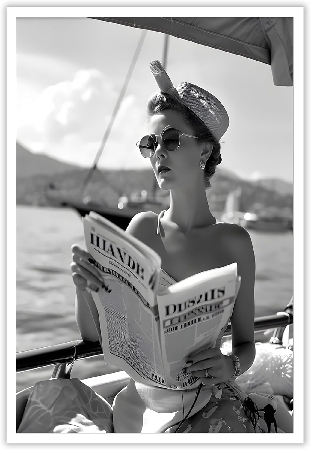 Vintage Black And White Poster Woman Reading Newspaper On Boat Wall Art Retro Luxury Feminist Magazine Aesthetic Prints Painting For Living Room Bedroom Office Wall Decor 12x16in Unframed