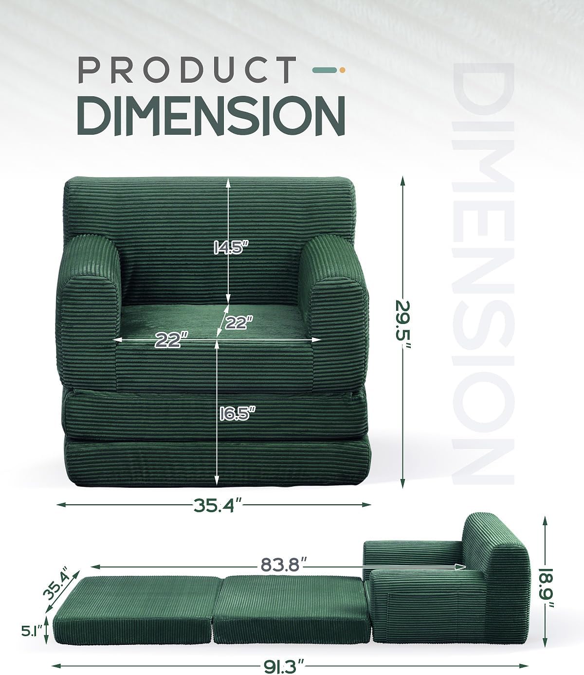 Boneless Couch Sofa Bed, Convertible Sleeper Chair with One-Piece High-Density Foam (No Lumps), Foldable Floor Mattress for Adults Guest Gaming, Non-Slip, Side Pockets, 84"x35", No Assembly