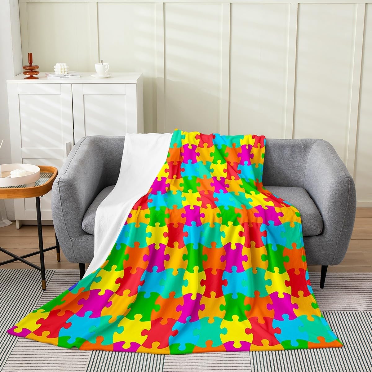 Feelyou Puzzle Flannel Fleece Blanket, Colorful Puzzle Games Throw, Rainbow Geometric Pattern Decorative Plush Blanket for Kids, Girls & Boys, Colorful Fuzzy Twin 60"x80"