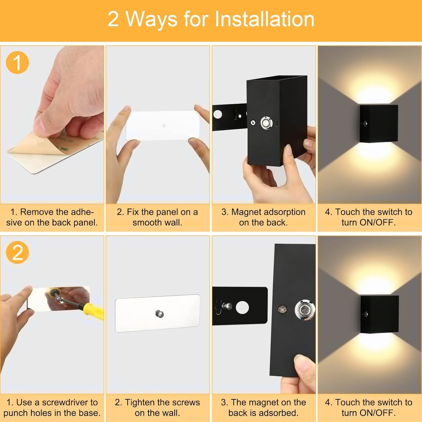 Battery Wall Sconces Set of Two, Rechargeable Colored Wall Lights with Remote, Stick Up and Down Indoor Lighting Cordless Sconce for Hallway, Black