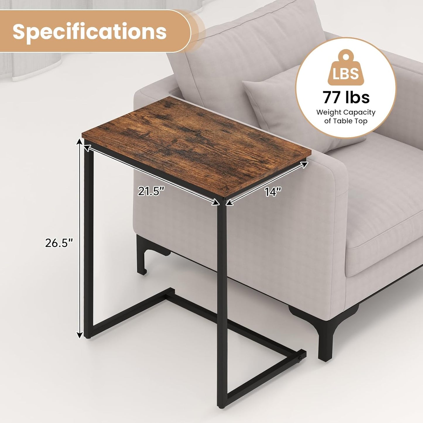 GOFLAME C Shaped End Table, Small Snack Side Table for Sofa, Couch, Bed, Laptop Table, TV Trays with Metal Frame for Living Room, Bedroom, Small Space, Rustic Brown