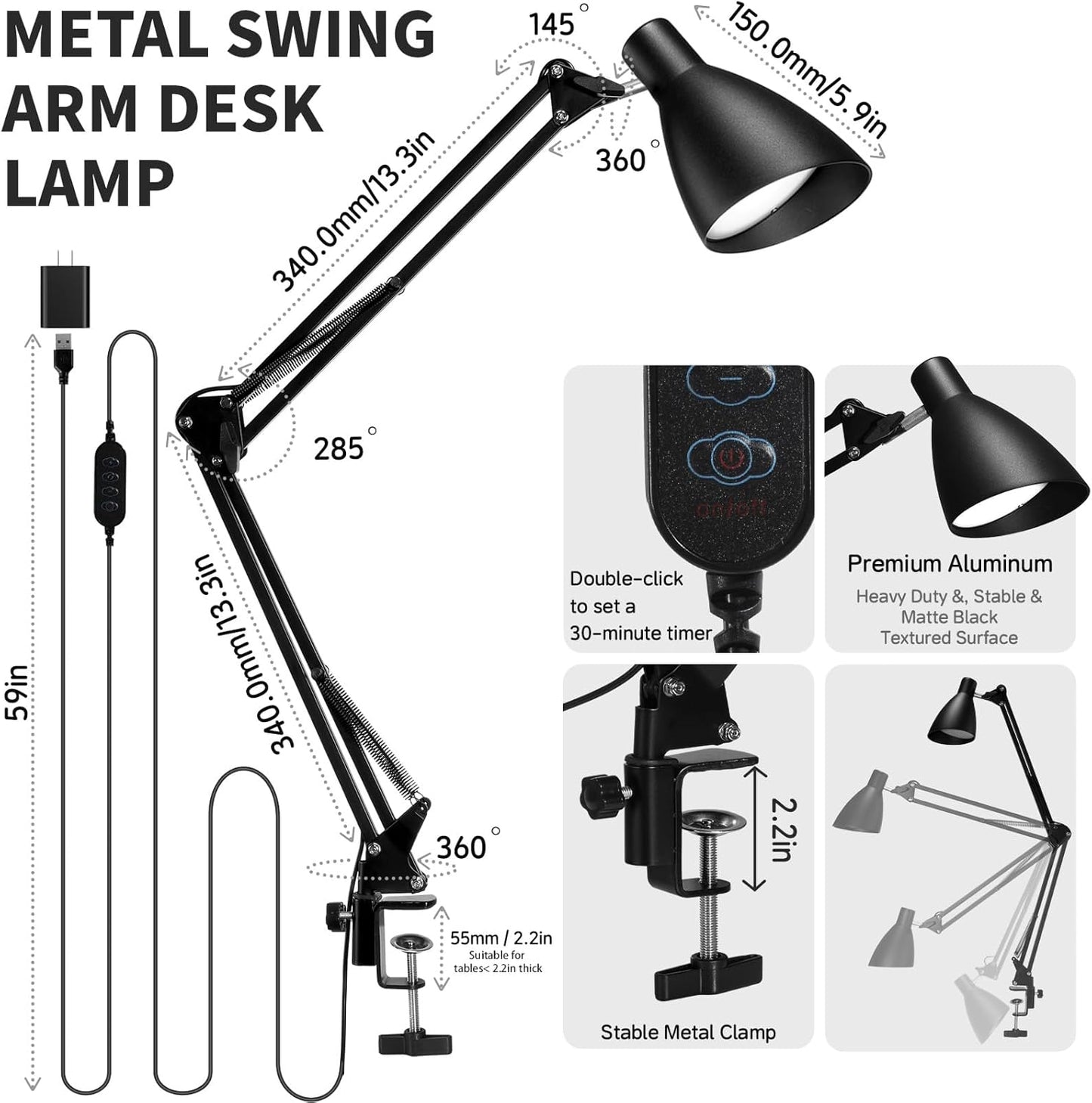 Led Desk Lamp for Home Office - Adjustable Gooseneck Table Stand with Clamp 5 Color Modes and 10 Brightness for Architect Puzzle Light Reading Craft Computer Work Study Sewing(Black)