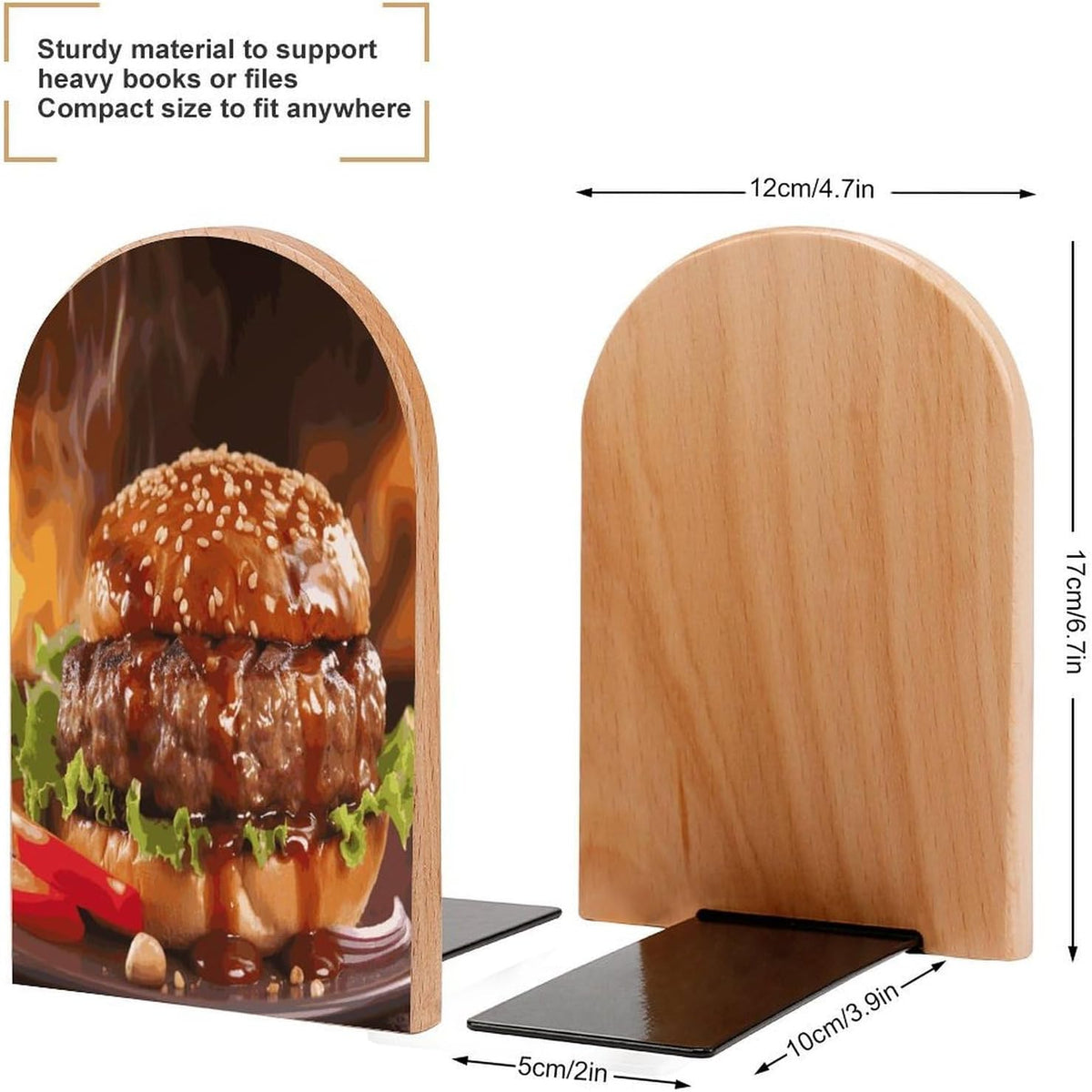 Non-Slip Bookend for Shelves Hamburger Steak Fast Food Wooden Bookends with Metal Base Decorative Book Stopper for Home Heavy Duty Wood Book Storage for Books/CDs