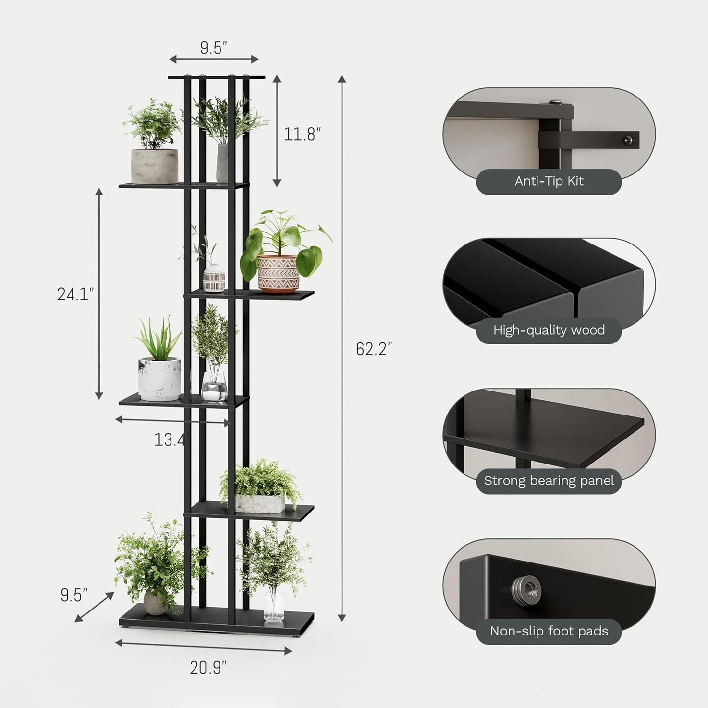 6 Tier Corner Bookshelf，Slim Open Bookshelf，Small Book Shelf for Small Spaces，Living Room, Home Office, 9.45 x 20.8 x 62.2 Inches,（1PC+Rustic Borwn