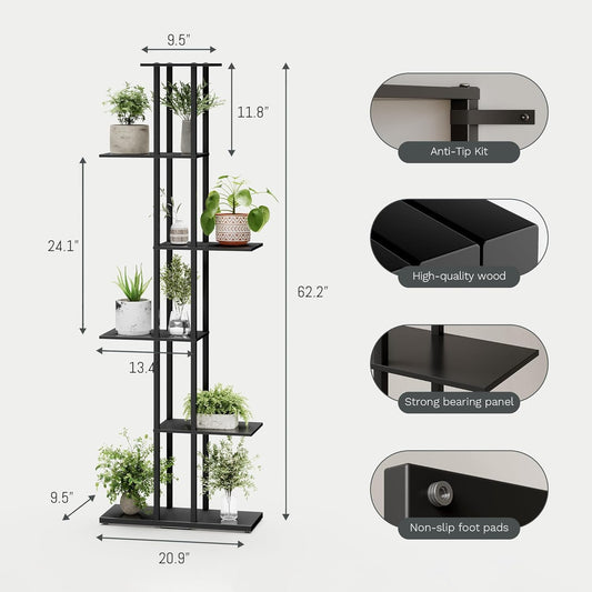 6 Tier Corner Bookshelf，Slim Open Bookshelf，Small Book Shelf for Small Spaces，Living Room, Home Office, 9.45 x 20.8 x 62.2 Inches,（1PC+Rustic Borwn