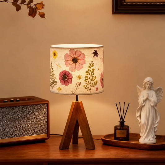 Dried Flowers Tripod Table Lamp 14.56in, 9W LED 3-Color Cute Bedside Lamp with Flowers Linen Lampshade for Nursery, Bedroom, Kid Room, Living Room, Light Brown Wooden Base