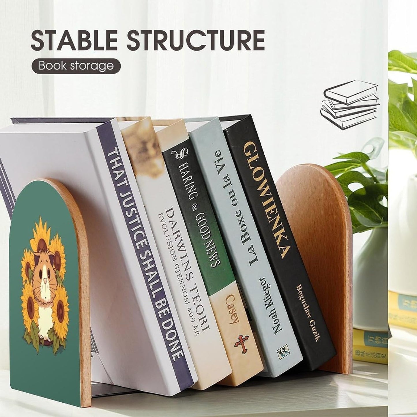 Non-Slip Bookend for Shelves Sunflower Hamster Cartoon Wooden Bookends with Metal Base Decorative Book Stopper for Home Heavy Duty Wood Book Storage for Books/CDs