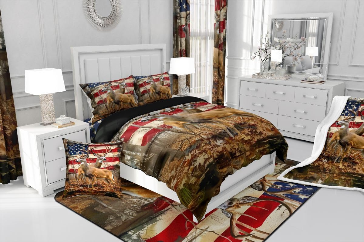 Feelyou Hunting Camo Deer Sherpa Throw Blanket for Couch American Flag Deer Super Soft Cozy Fleece Wildlife Animal Blanket for Winter, Plush Throw Camo Baby 30"x40" All Season