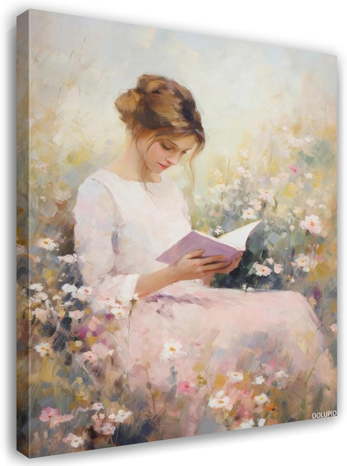 Woman Reading Book In Wildflower Field Canvas Print Spring Decor Farmhouse Floral Wall Art Artwork Aesthetic Posters for Office Dorm Bedroom Wall Decor Framed 8x10inch