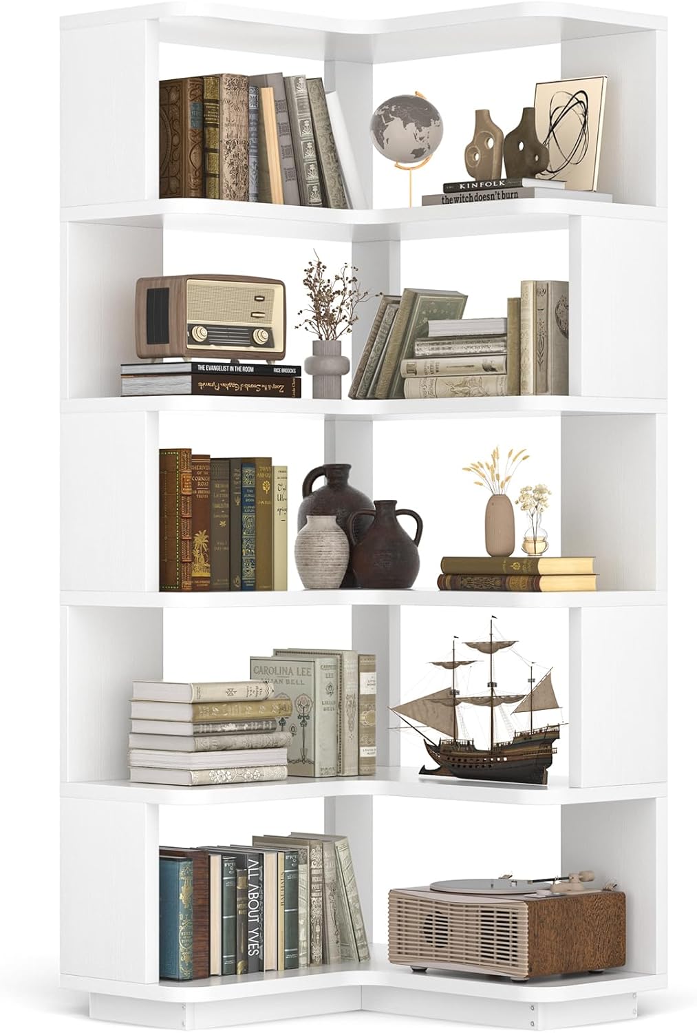 Corner Book Shelf, 6-Shelf Corner Bookshelf for Small Corner Spaces, L-Shape Bookcase Corner Display Shelf for Home Office, Living Room, Bedroom, White