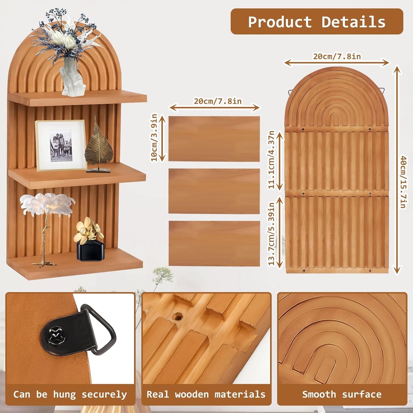 Qivine 2Pcs Boho Shelves for Wall, 3 Tier Rainbow Arch Wooden Floating Shleves, Boho Mid Century Shelf with Arched Wood Design Wall Mounted for Living Room, Bedroom, Bathroom Decor (Brown, 3-Tier)