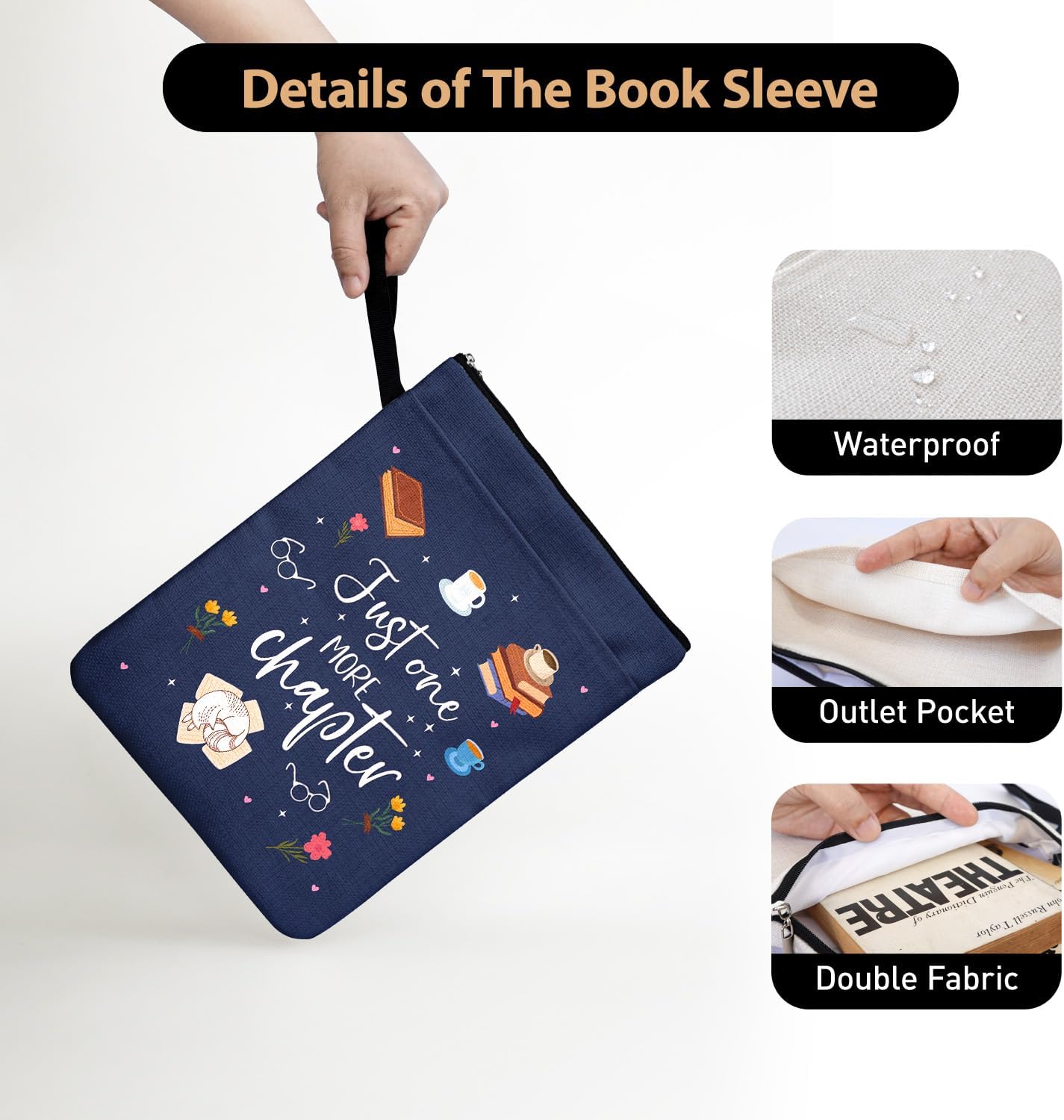 Just One More Chapter Book Cover for Book Lovers Students with Zipper & Handle, Book Sleeve Gifts for Bookish Book Club Bookworm Birthday Graduation Reading Day