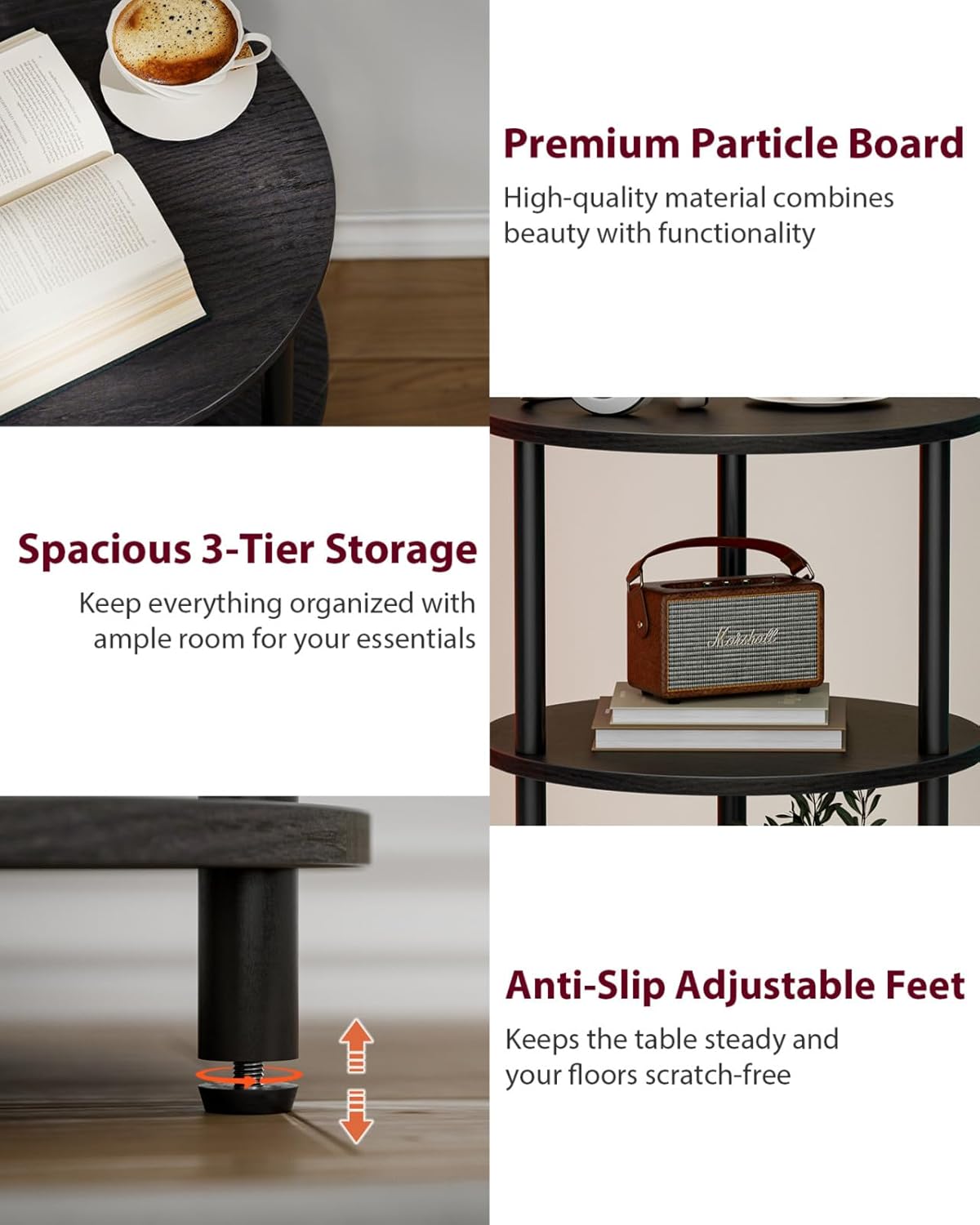 Small Round End Table - 3 Tier Design Accent Table, Narrow Side or Bedside Stand, Industrial Vintage Nightstand for Bedroom, Living Room, or Small Spaces, Charcoal Wenge