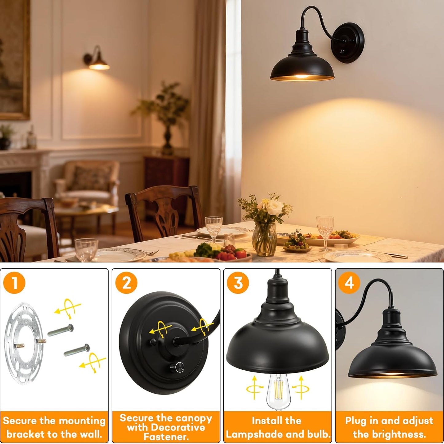 Lightess Dimmable Wall Sconces with Switch, Industrial Gooseneck Wall Light with Dimmer, Black Wall Mounted Bedside Lamps Set of Two