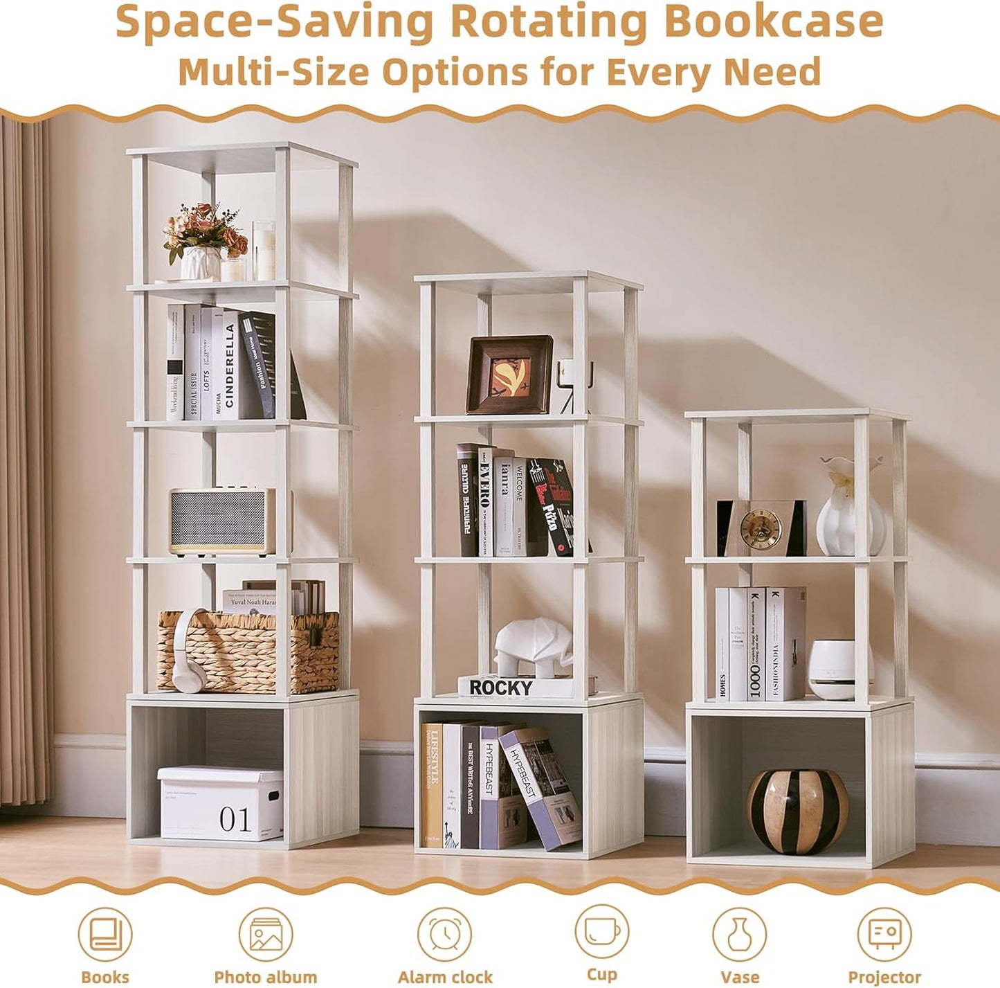 4 Tier Rotating Bookshelf with Storage Cabinet, 360° Display Revolving Bookcase, Square Spinning Book Shelf Tower Organizer, Freestanding Wooden Bookshelves for Small Space, Bedroom Living Room