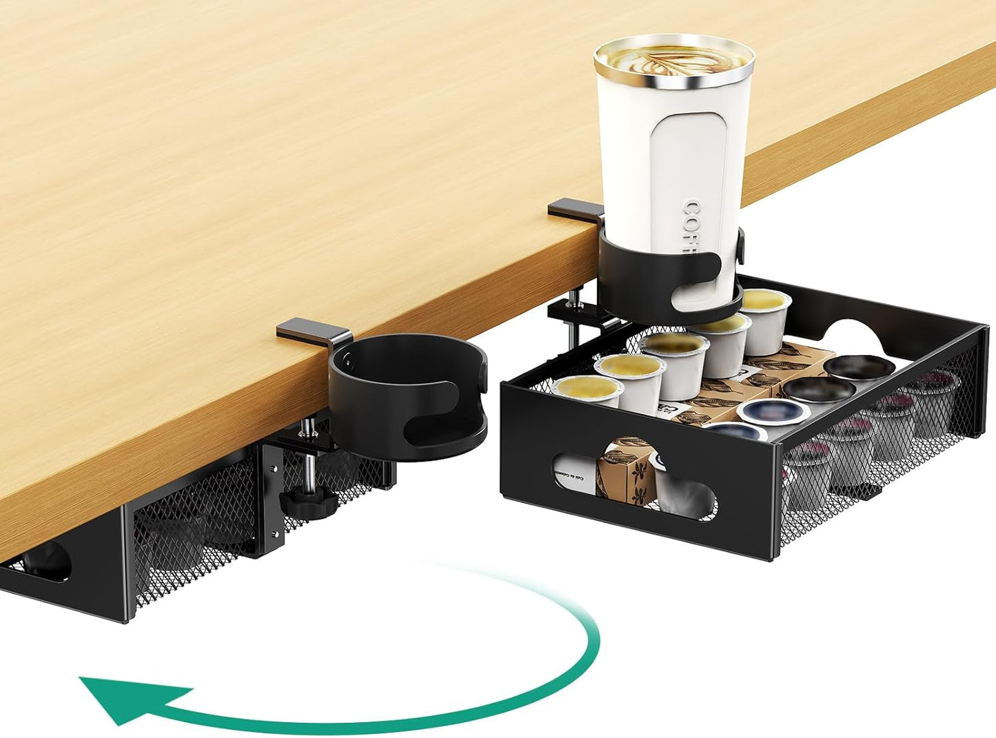 Desk Cup Holder with Drawer Organizer, Anti-Spill Clip-On Table Cup Hook with 360° Rotation Hidden Storage Box for Office Home Gaming Table (Black)
