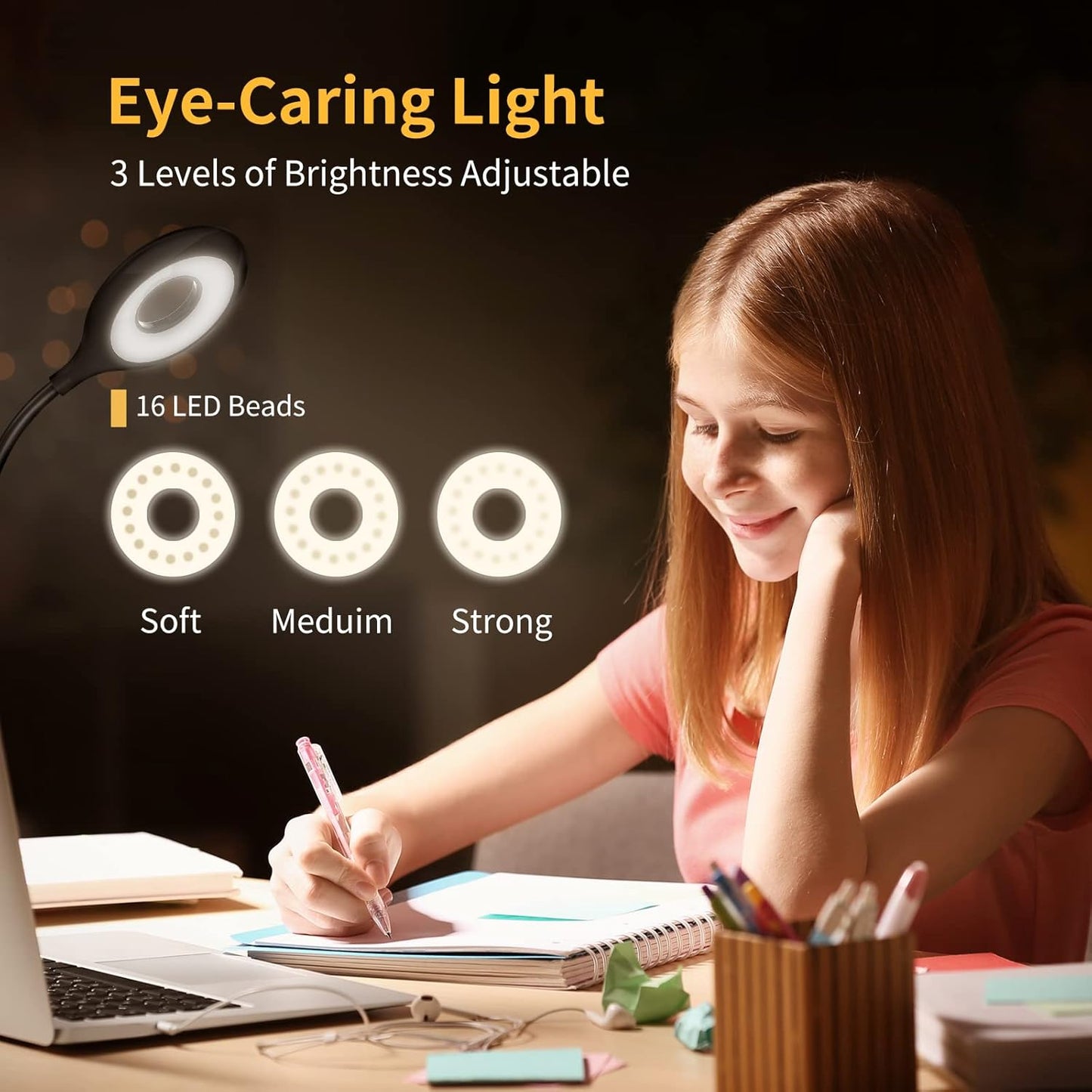 KLEAH Clip on Light for Bed & Desk, Reading in Bed, Dorm, Battery Operated Rechargeable Clamp Lamp for Headboard, Eye-Caring LED Light with 3 Brightness Modes & Flexible Gooseneck (Black)