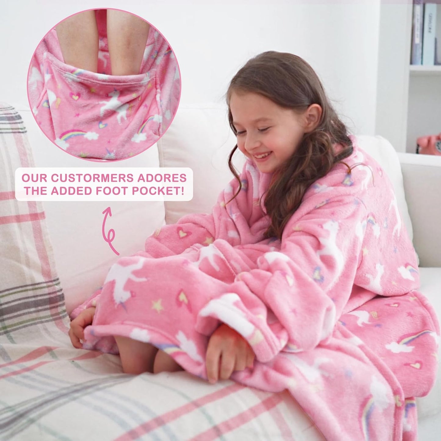 Softan Wearable Fleece Blanket with Sleeves & Foot Pocket for Kids Boys Girls Children,Lightweight Soft Blanket with Sleeves and Hook & Loop 48" x 48" Pink Unicorn