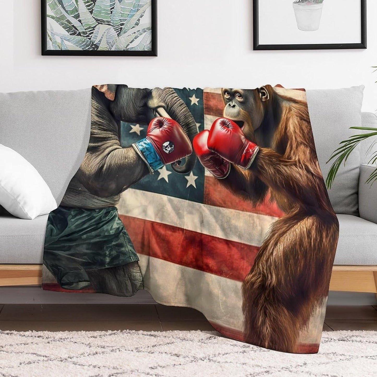 Elephants and Gorillas Funny Boxing Throw Blanket for Couch Bed Plush Cozy Fuzzy Flannel Blanket for All Season 30"x40"