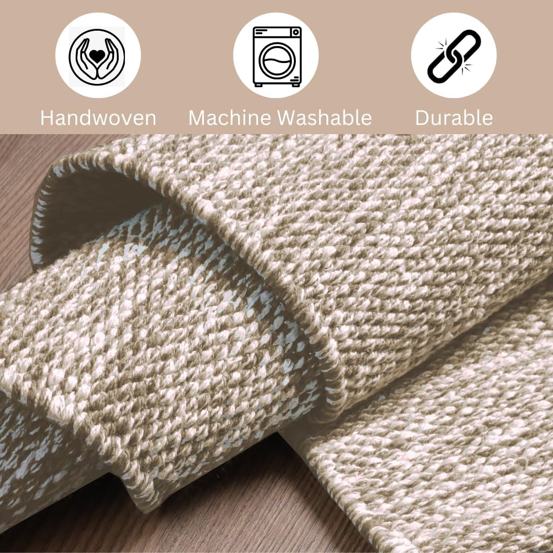 Hand Woven Area Rug 2x3 Feet - Rustic Farmhouse Boho Accent Rug for Living Room Bedroom Kitchen Entryway Floor Mats - Ideal for High Traffic Areas 100% Cotton Rag Rug Natural