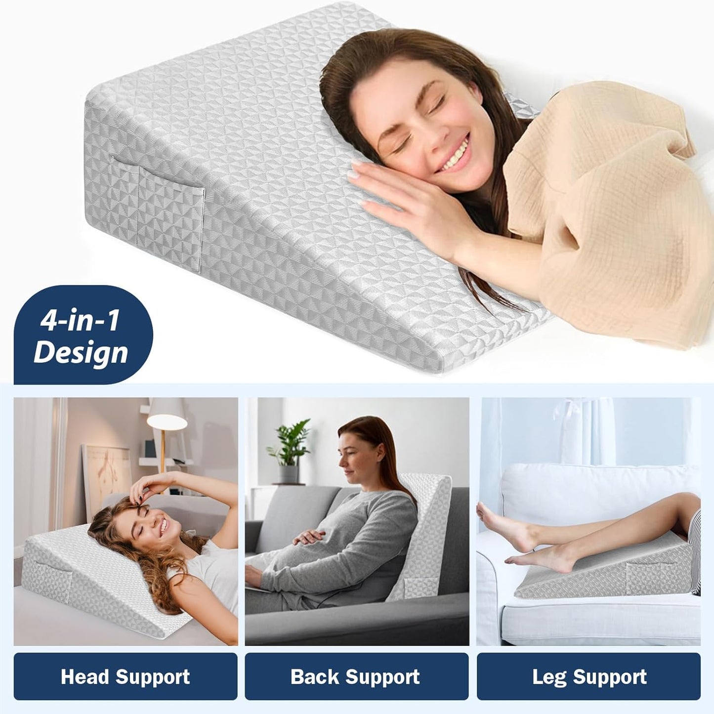 Wedge Pillow 7.5" Bed Wedge After Surgery, Back Pain Relief, Memory Foam Pillow Triangle Incline Wedge for Back Support, Leg Elevation（Light Grey）