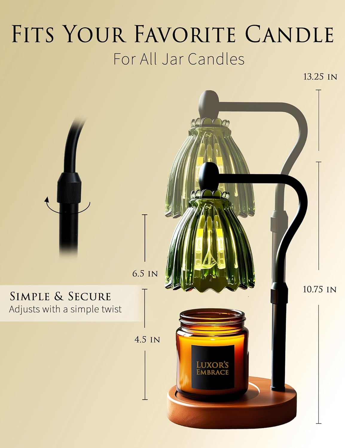 Green Candle Warmer Lamp with Timer - Wax Melt Warmer, Dimmable Electric Candle Lamp, Dark Academia Cottagecore Boho Decor, Adjustable Height, Genuine Wood Base, 2 Bulbs Included, Gift for Her