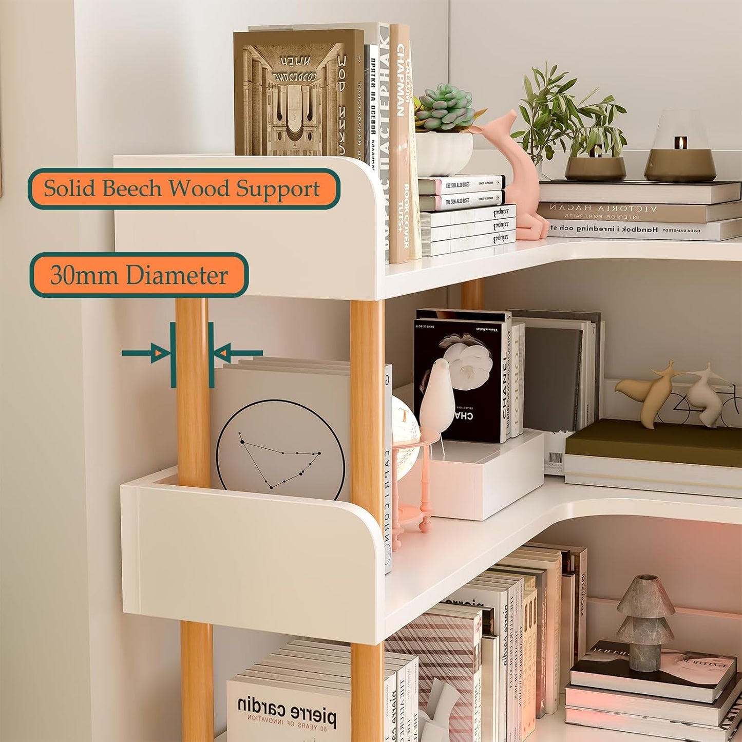 Wooden Reversible Corner Bookshelf - Modern 4 Tiers L-Shaped Bookcase with Solid Wood Frame and Edge Protection for Home and Office, Open Storage Shelf, White