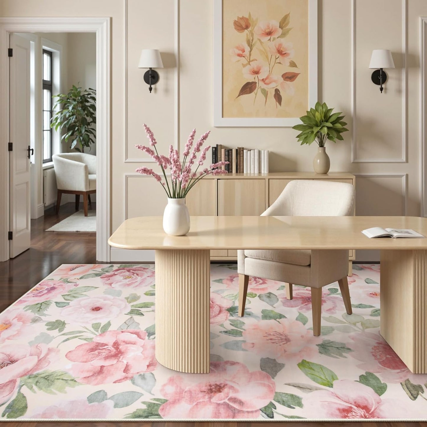 Lahome Floral Nursery Rug 5x7 Area Rugs,Soft Boho Pink Rugs for Bedroom Girls,Low Pile Large Living Room Rug, Home Decor Carpet for Dining Room Playroom Farmhouse, Beige/Multi