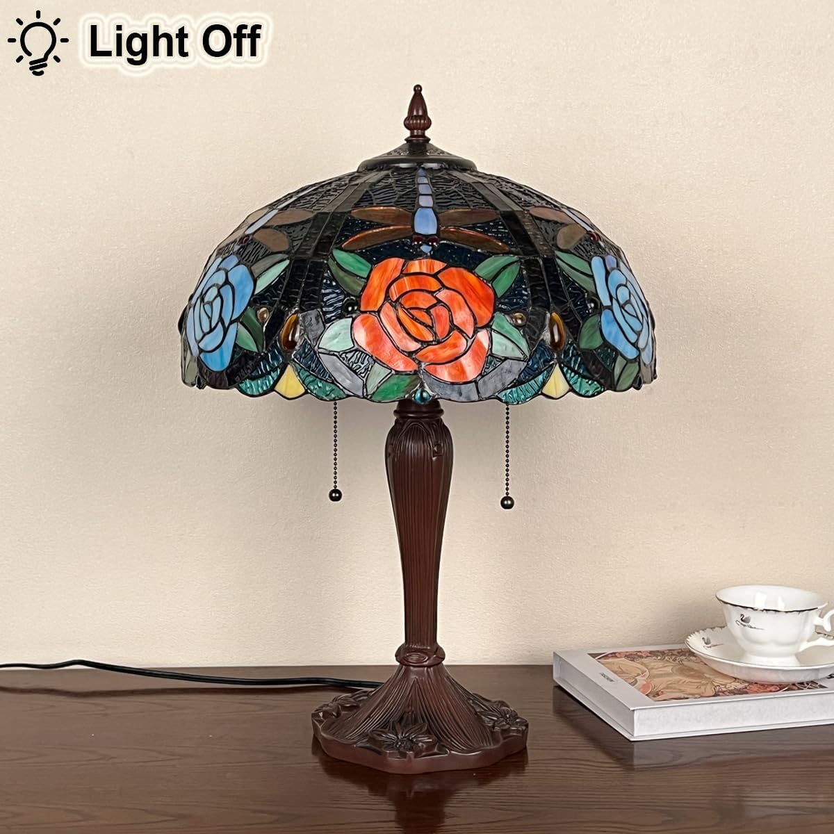Tiffany Style Table lamp, Dragonfly & Rose Stained Glass Desk Light - Antique 16” Large Nightstand Bedside Reading Light for Living Room Bedroom Office