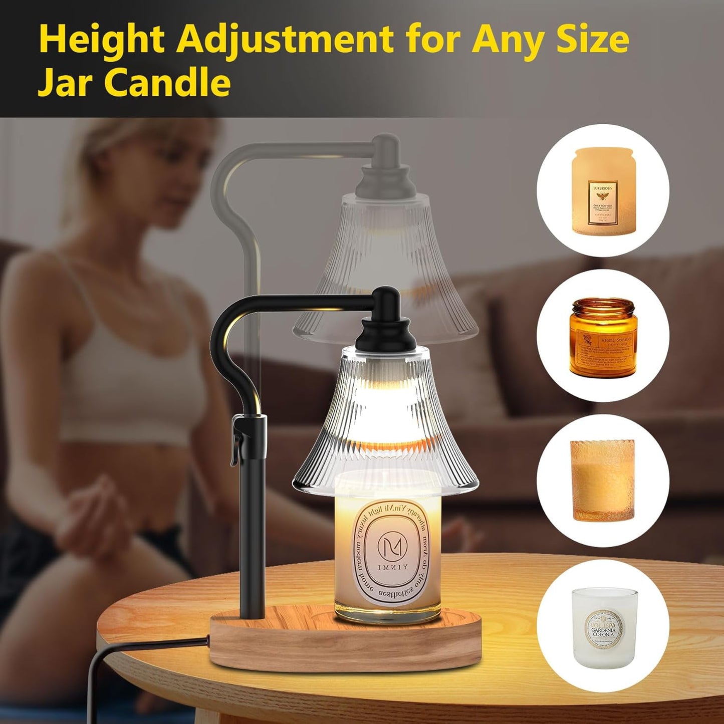 Flameless Candle Warmer Lamp, Candle lamp Warmer with Timer, Dimmable/Adjustable Height Electric Candle Warmer, Wooden Electric Wax Melt with 2 Bulbs for Scented Jar Candles Home Decor Christmas Gifts