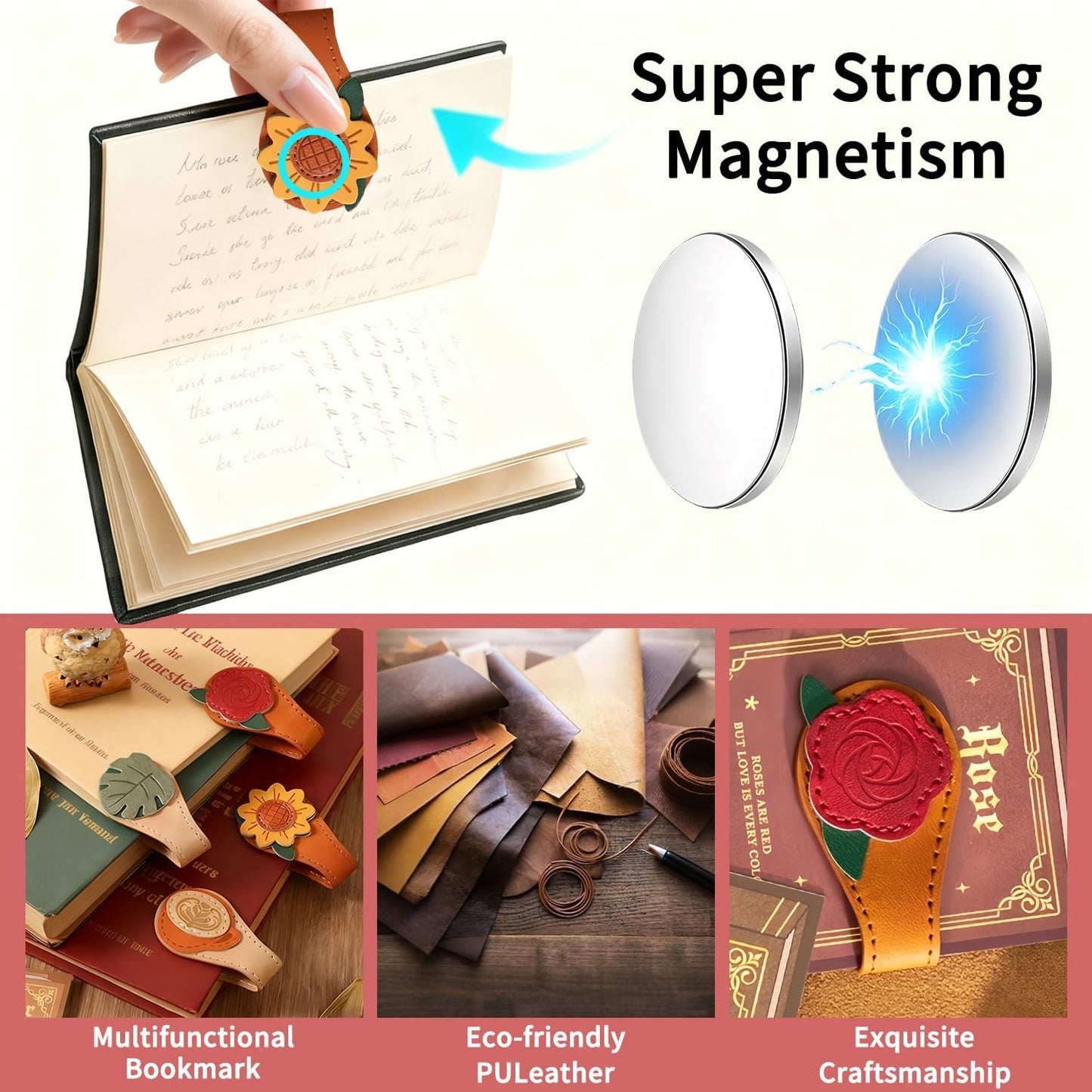 2PCS Vintage Magnetic Bookmark, Leather Bookmarks with Pen Holder Book Marker Clip Book Accessories Book Marks for Reading Women, Men, Book Lovers Gifts - Sunflower&Rose