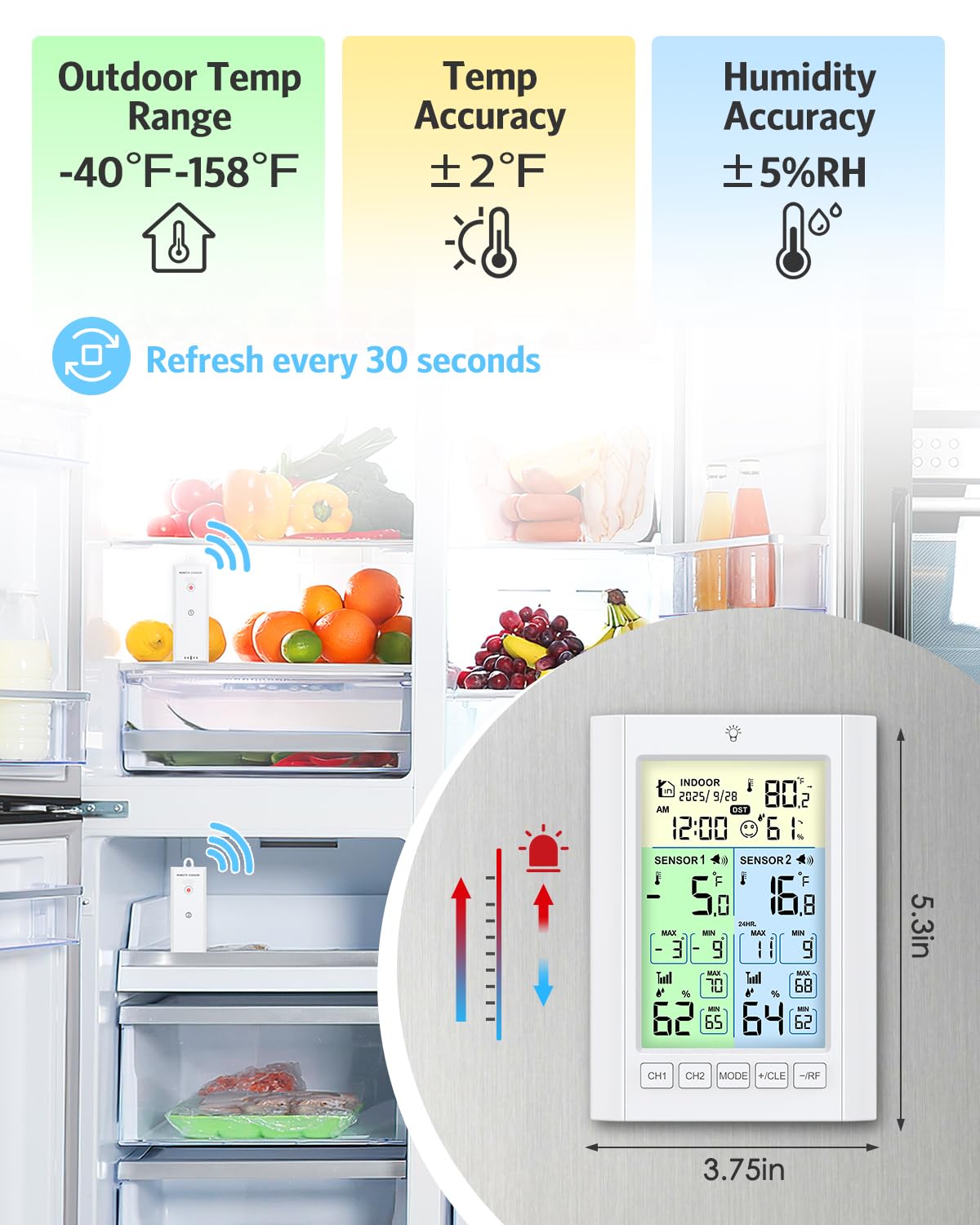 Wireless Freezer Thermometer with Alarm, Temracha Upgraded Digital Fridge Thermometer with Alert, Backlight, Rechargeable, MAX/MIN Record, Refrigerator Thermometer for Kitchen Home Restaurants