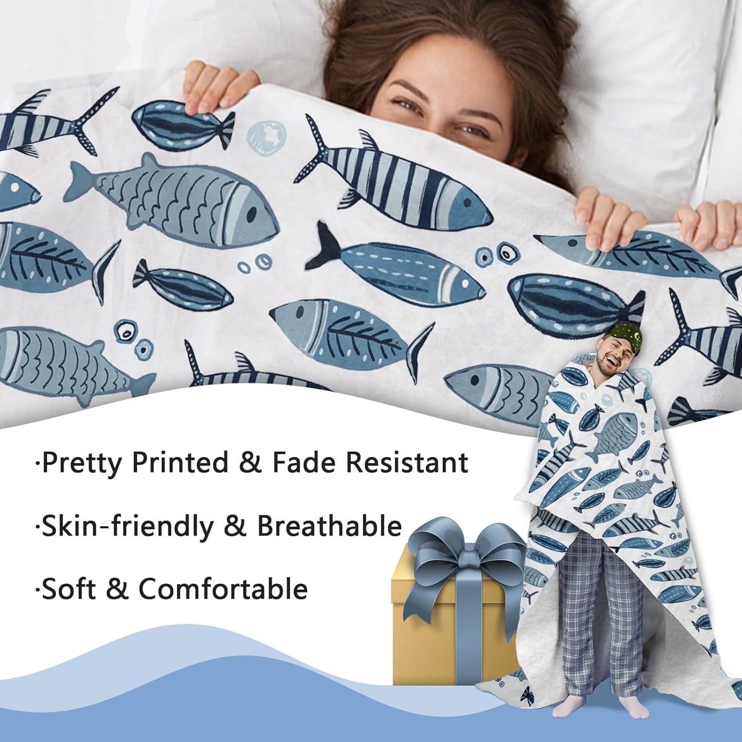 Coastal Blue Fish Theme Flannel Throw Blanket, Sea Ocean Birthday Gifts for Adults Kids Men Women, Beach Nautical Soft Blankets for Bedding Sofa 50" x 60"