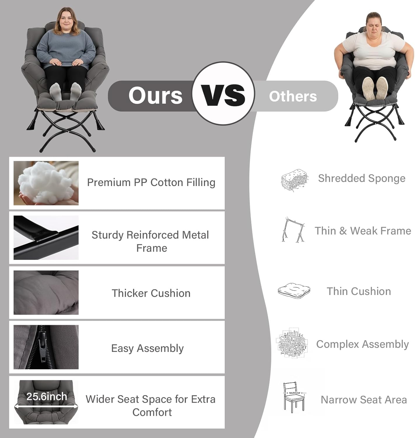 Lazy Chair with Ottoman, Modern Accent Lounge Armchair with Armrests and a Side Pocket & Foldable Footstool, Leisure Reading Chair for Living Room, Bedroom, Dorm & Office, Dark Grey